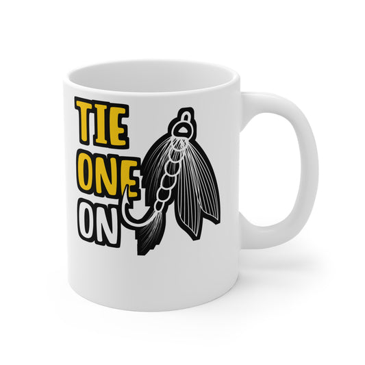 Tie One On Fly Fishing - Fishing Mug for Coffee 11oz. Fishing Cup, White ceramic, Angling Mug, Lake Tea Cup - Fishing Gift