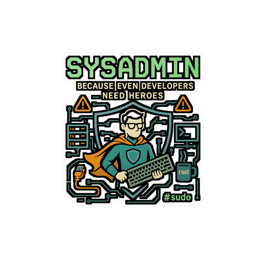Sysadmin Sticker – "Sysadmin Because Even Developers Need Heroes" Decals for Laptop, Server Room, Waterproof Vinyl, Gift for Network Engineer, Protocol Fans
