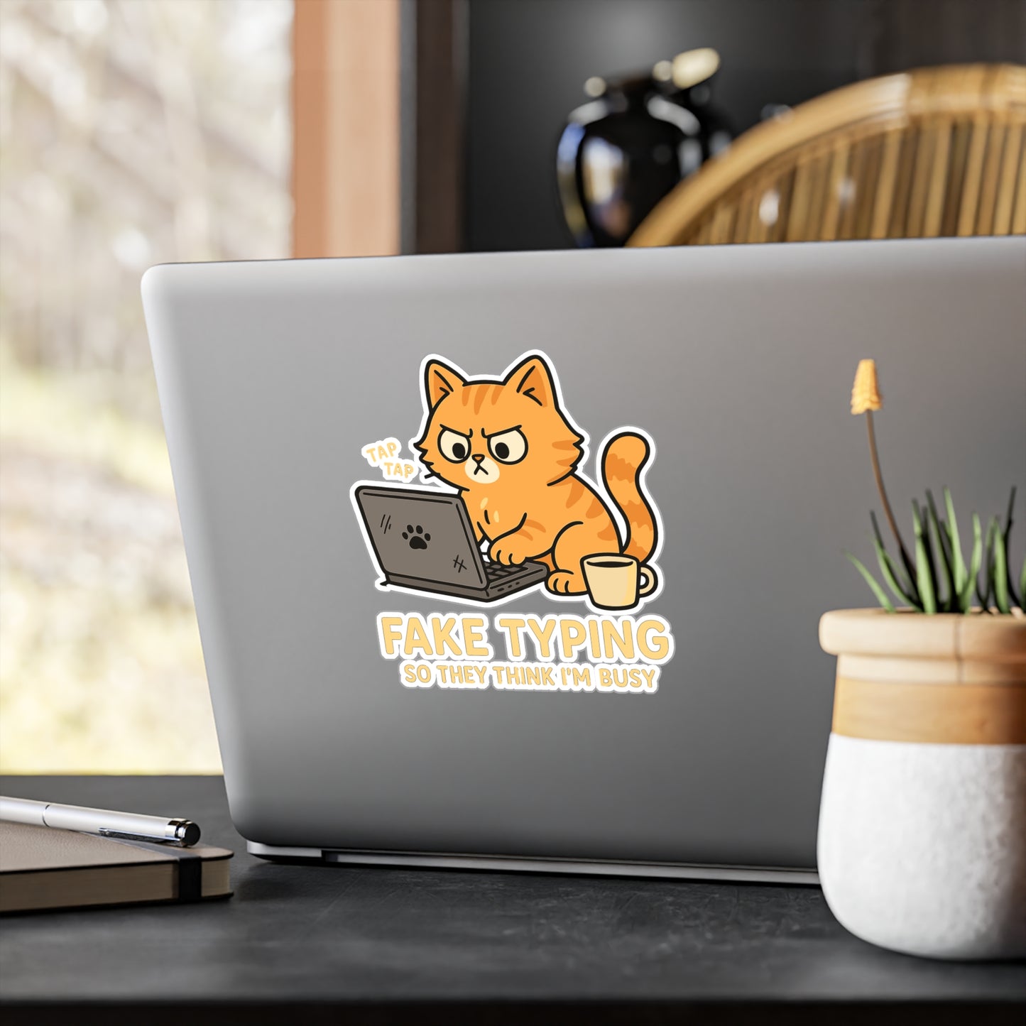 Cat Sticker - "Fake Typing So They Think Im Busy" Funny Cat Decals for Laptop or Water Bottle, Vinyl Procrastination Distraction Gift, Remote Work