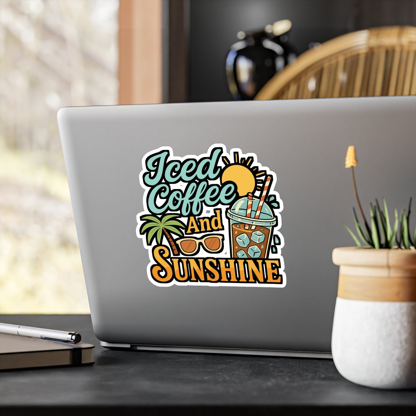 Iced Coffee and Sunshine – Coffee Sticker for Laptop, Water Bottle & Summer Vibes Gifts