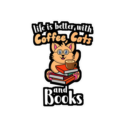 Coffee Cats Books - Coffee Sticker for Wall, Laptop, Window, Truck, Car Coffee Gift Vinyl Cats Decal Sticker