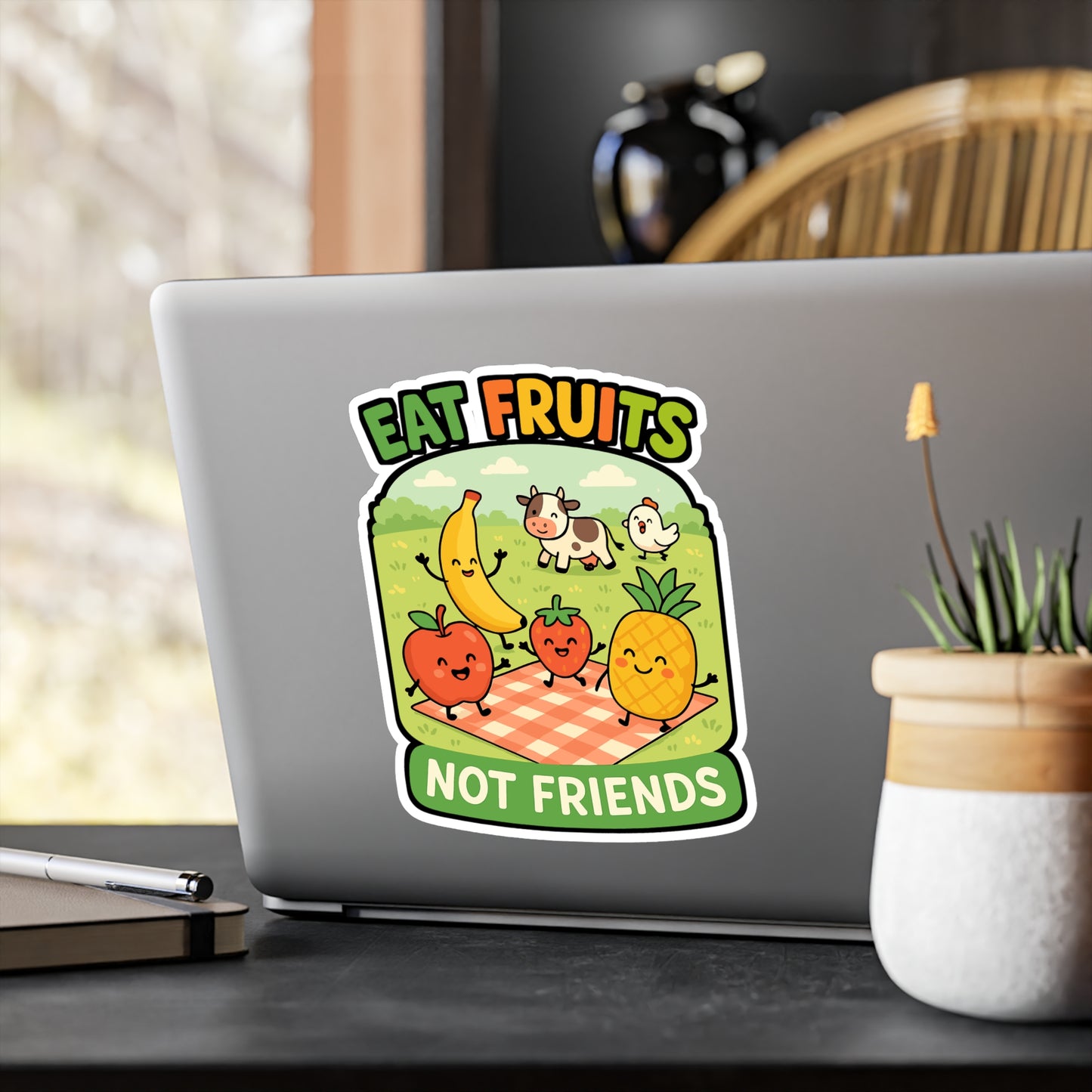 Eat Fruits Not Friends - Vegan Sticker for Laptop, Water Bottle, Eco Friendly Gift for Animal Lovers & Vegans
