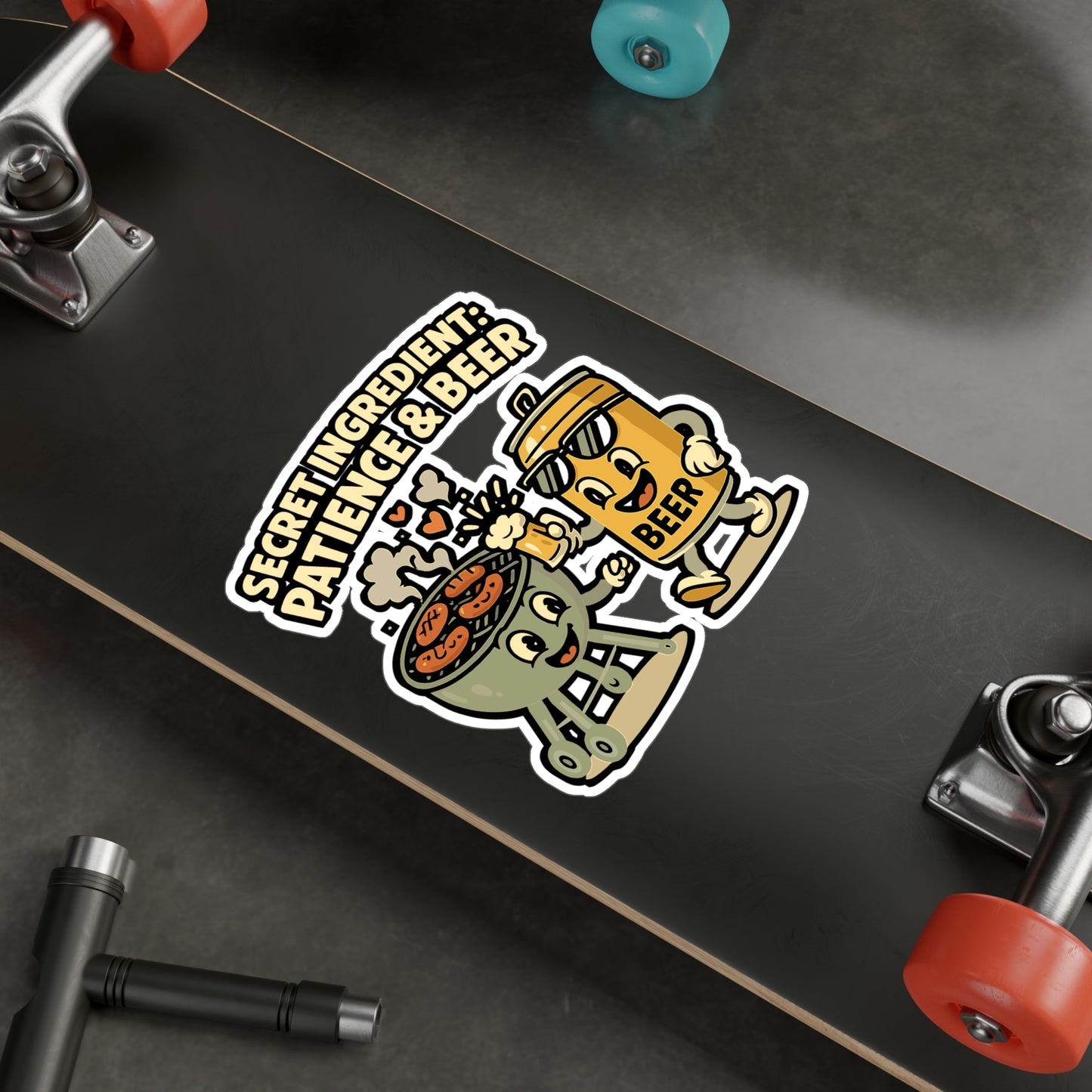 Cartoon Sticker - Secret Ingredient Patience Beer Decals, Smiling Grill Barbecue Design, Waterproof Vinyl for Laptop or Water Bottle