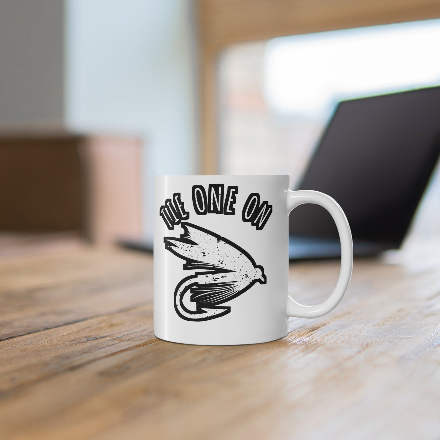 Tie One On - Fly-fishing Mug for Coffee 11oz. Fly-fishing Cup, White ceramic, Angling Mug, Lake Tea Cup - Fly-fishing Gift