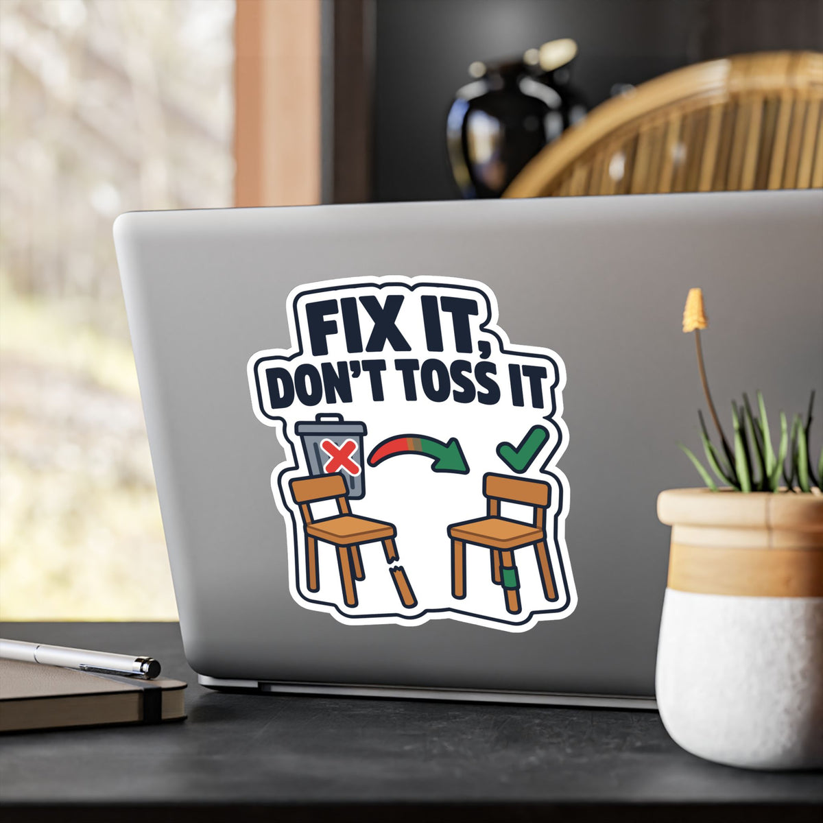 Upcycling Sticker - Fix It, Don’t Toss It - Recycling Art Decals Celebrating Sustainability for Laptop and Water Bottle