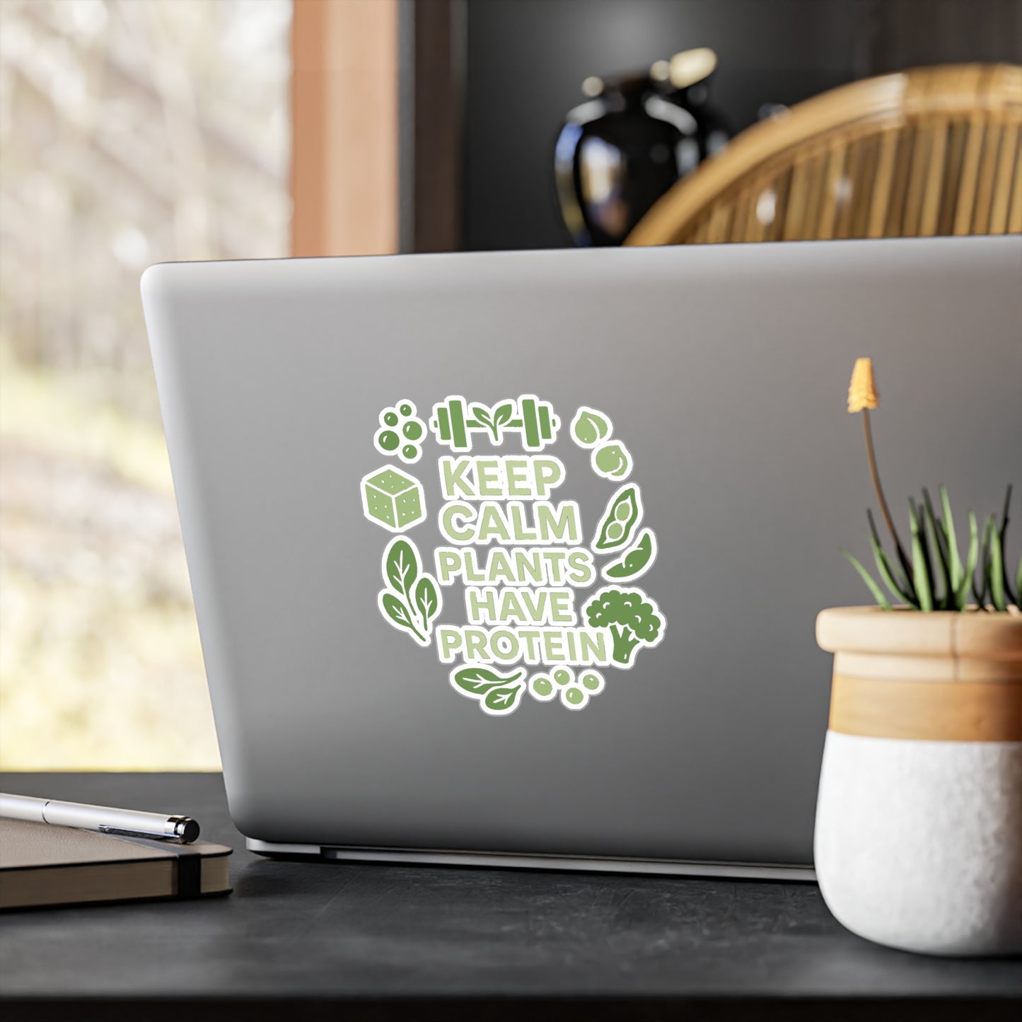 Vegan Sticker – "Keep Calm Plants Have Protein" Decals for Laptops, Water Bottles, Waterproof Vinyl, Vegetarian Green Plant Design