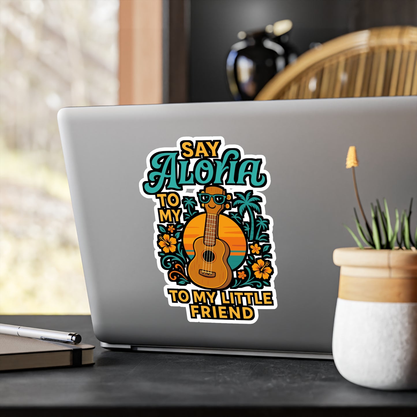 Say Aloha To My Little Friend – Ukelele Sticker for Laptop or Water Bottle | Funny Hawaii Vinyl Decal | Musician or Aloha Gift Idea
