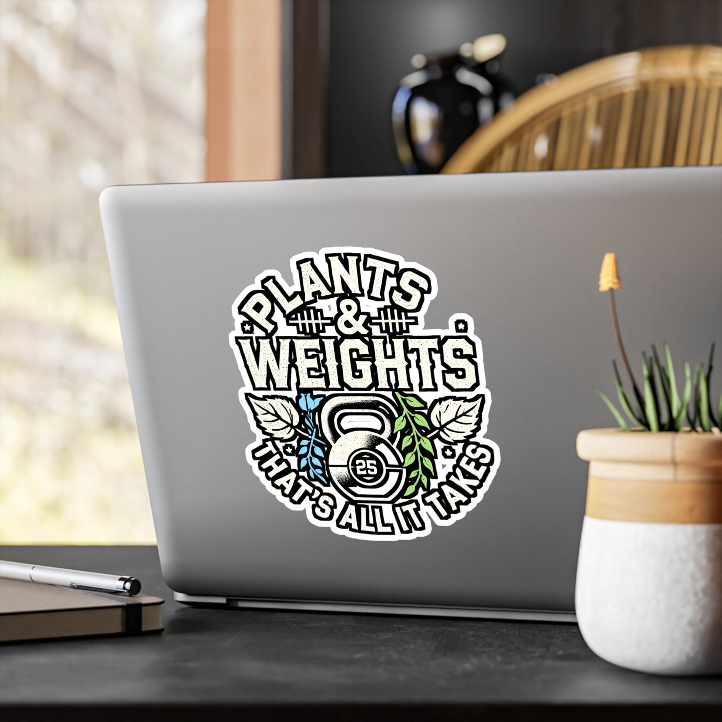 Plants & Weights – Vegan Sticker for Laptop & Water Bottle | Vinyl Weightlifting Decal, Fitness & Vegan Gift
