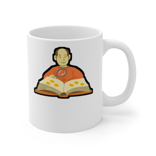 Coin Collector reading his album - Coin-collection Mug for Coffee 11oz. Coin-collection Cup, White ceramic, Relic Tee Mug - Coin-collection Gift