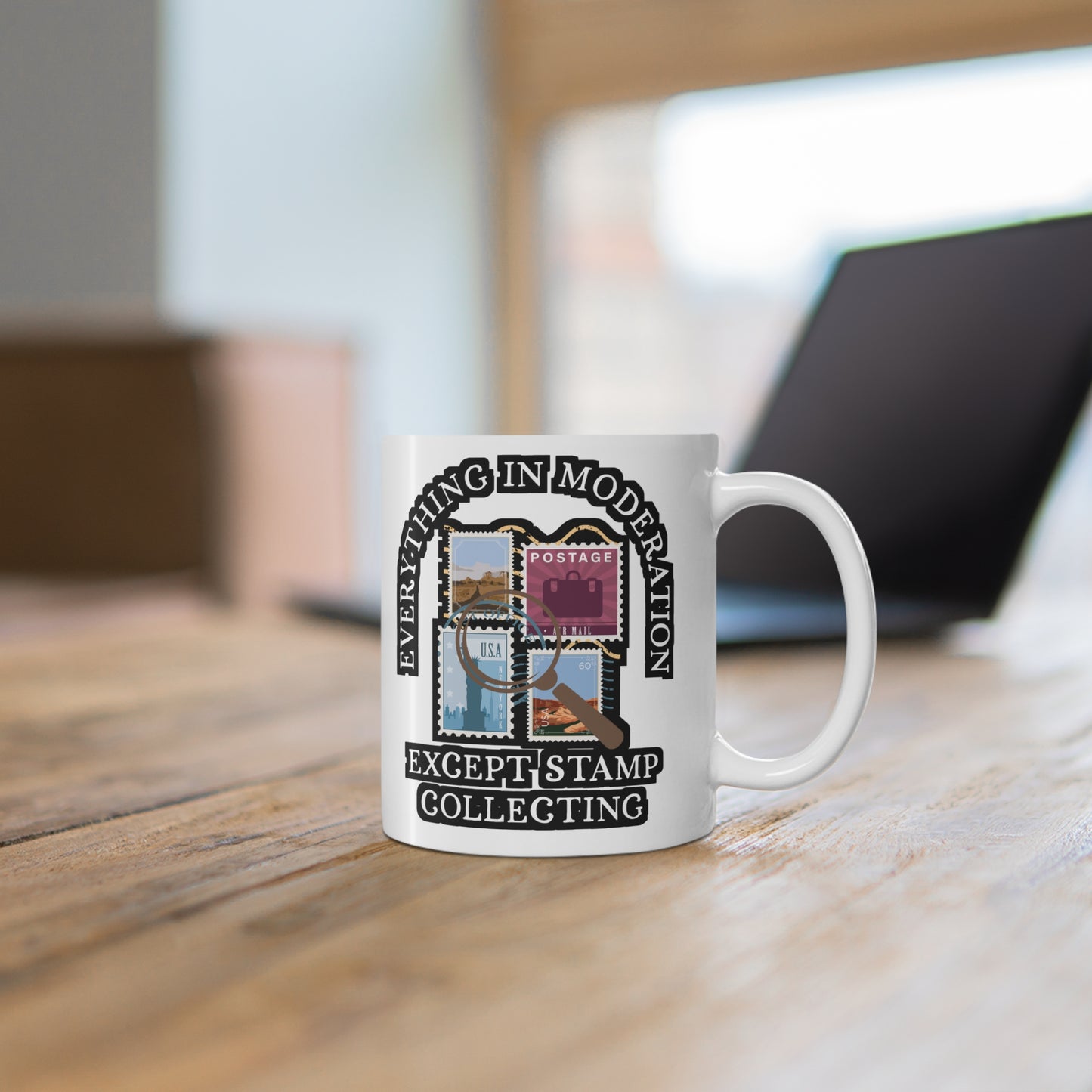 Everything in Moderation - Stamp collector Mug for Coffee 11oz. Stamp collector Cup, White ceramic, Philatelist Mug - Stamp collector Gift