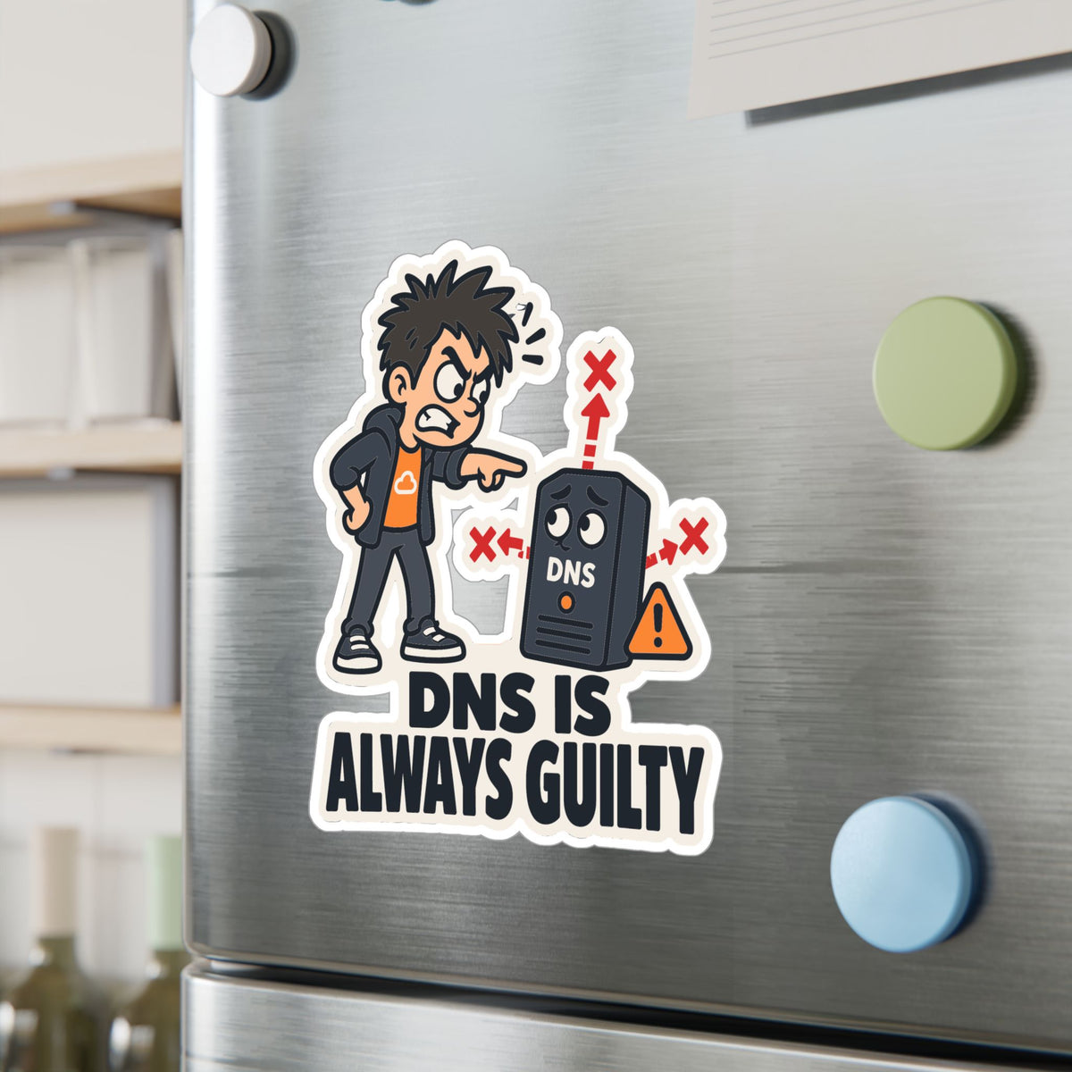Frustrated Sticker - DNS Is Always Guilty, Cartoon Homelabber Pointing Accusingly, Funny Decals for Laptop and Water Bottle