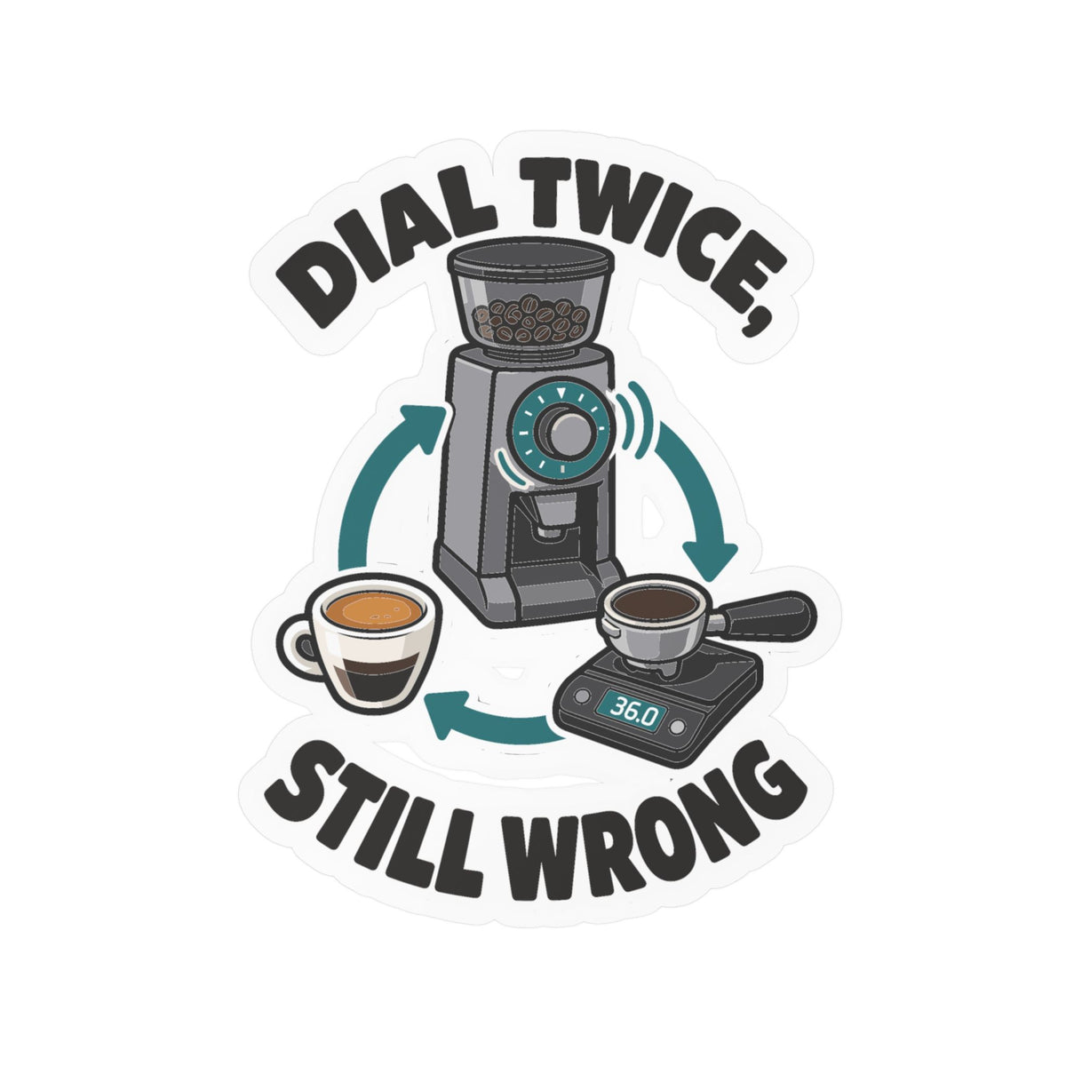Espresso Sticker – Dial Twice, Still Wrong – Coffee Humor Decals for Your Grinder or Digital Scale
