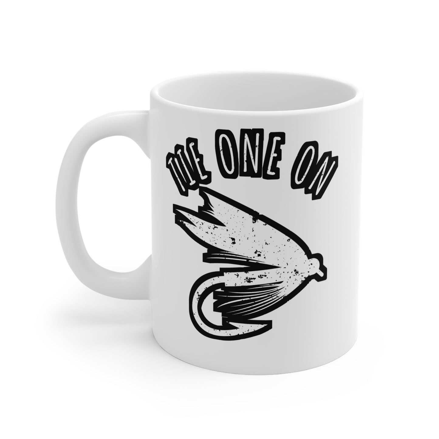 Tie One On - Fly-fishing Mug for Coffee 11oz. Fly-fishing Cup, White ceramic, Angling Mug, Lake Tea Cup - Fly-fishing Gift