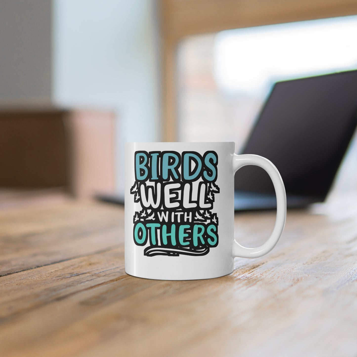 Birds Well With Others - Birdwatcher Mug for Coffee 11oz. Birdwatcher Cup, White ceramic, Binocular Mug - Birdwatcher Gift