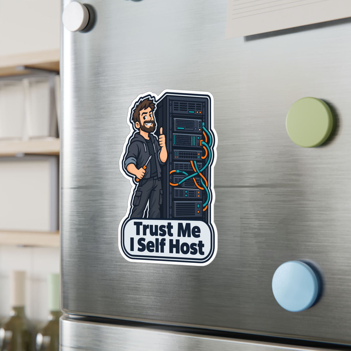 Tech Sticker – Trust Me I Self Host, Reboot Button Humor with a Bandage Twist, Decals for Laptop and Water Bottle