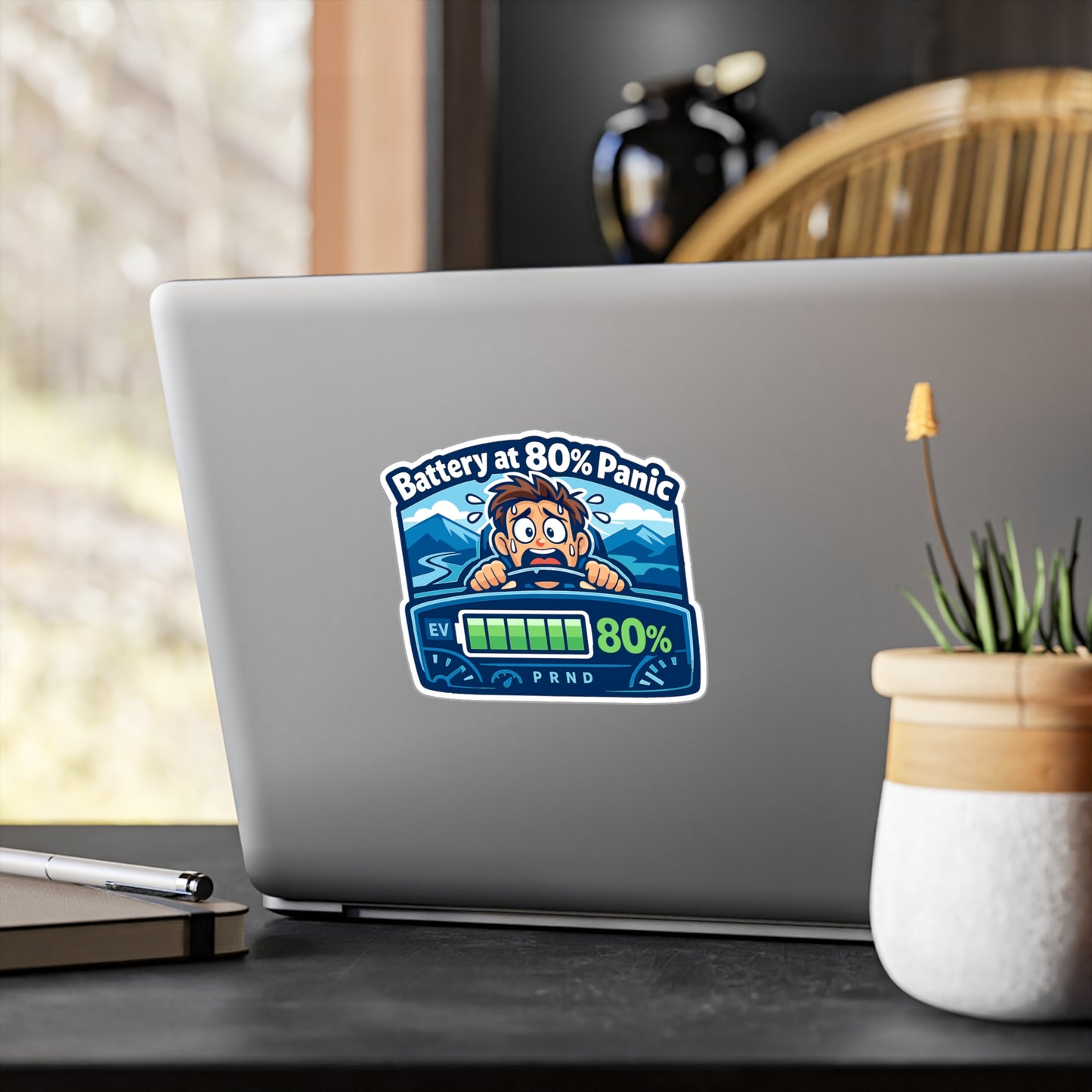 Electric Car Sticker 'Battery at 80% Panic' Funny Electric Vehicle Decals, Waterproof Vinyl for Laptop, Water Bottle, Rechargeable Battery Humor