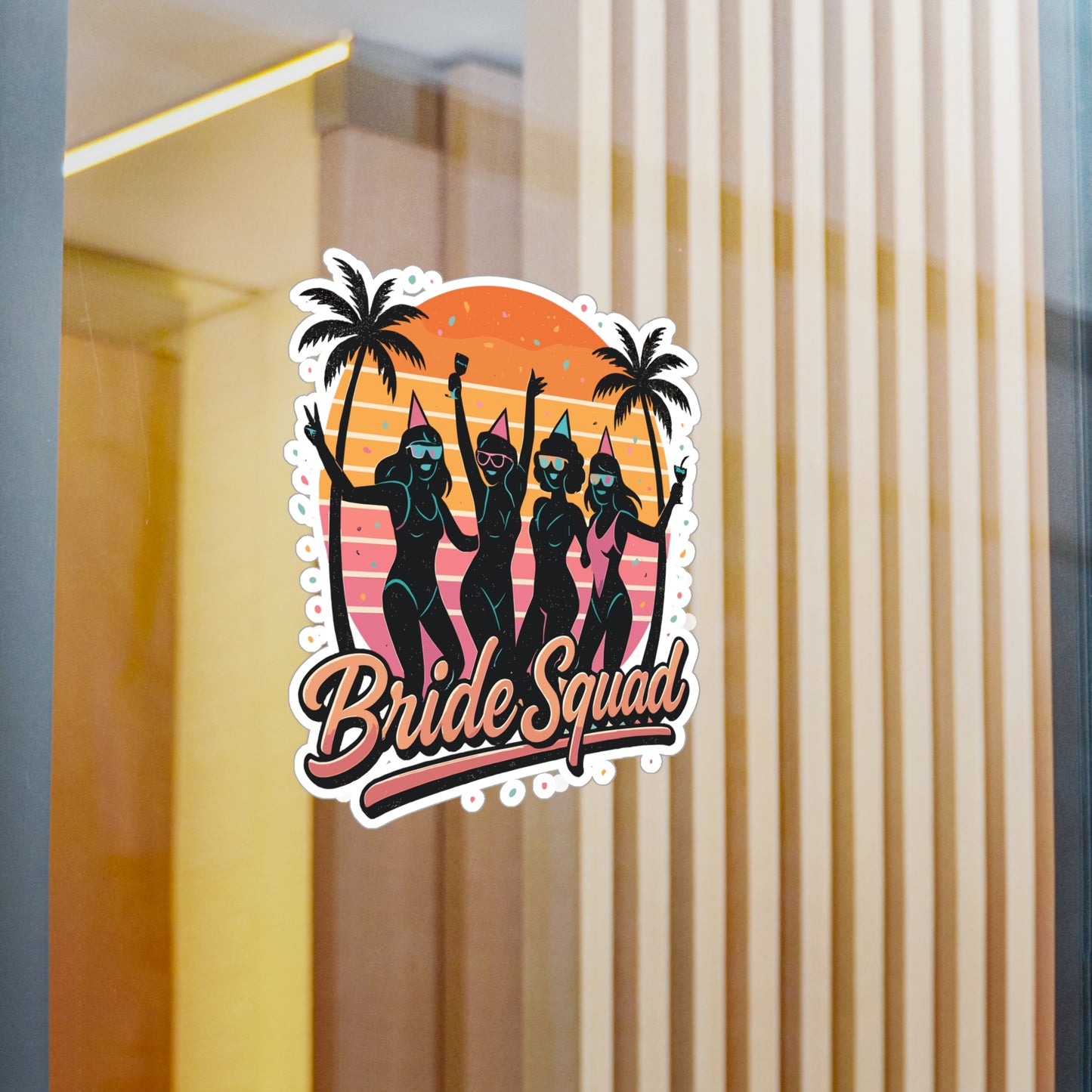 Retro Sticker Bride Squad 1980s Sunset Orange Decals for Laptop, Water Bottle, Waterproof Vinyl Bridal Party Gift