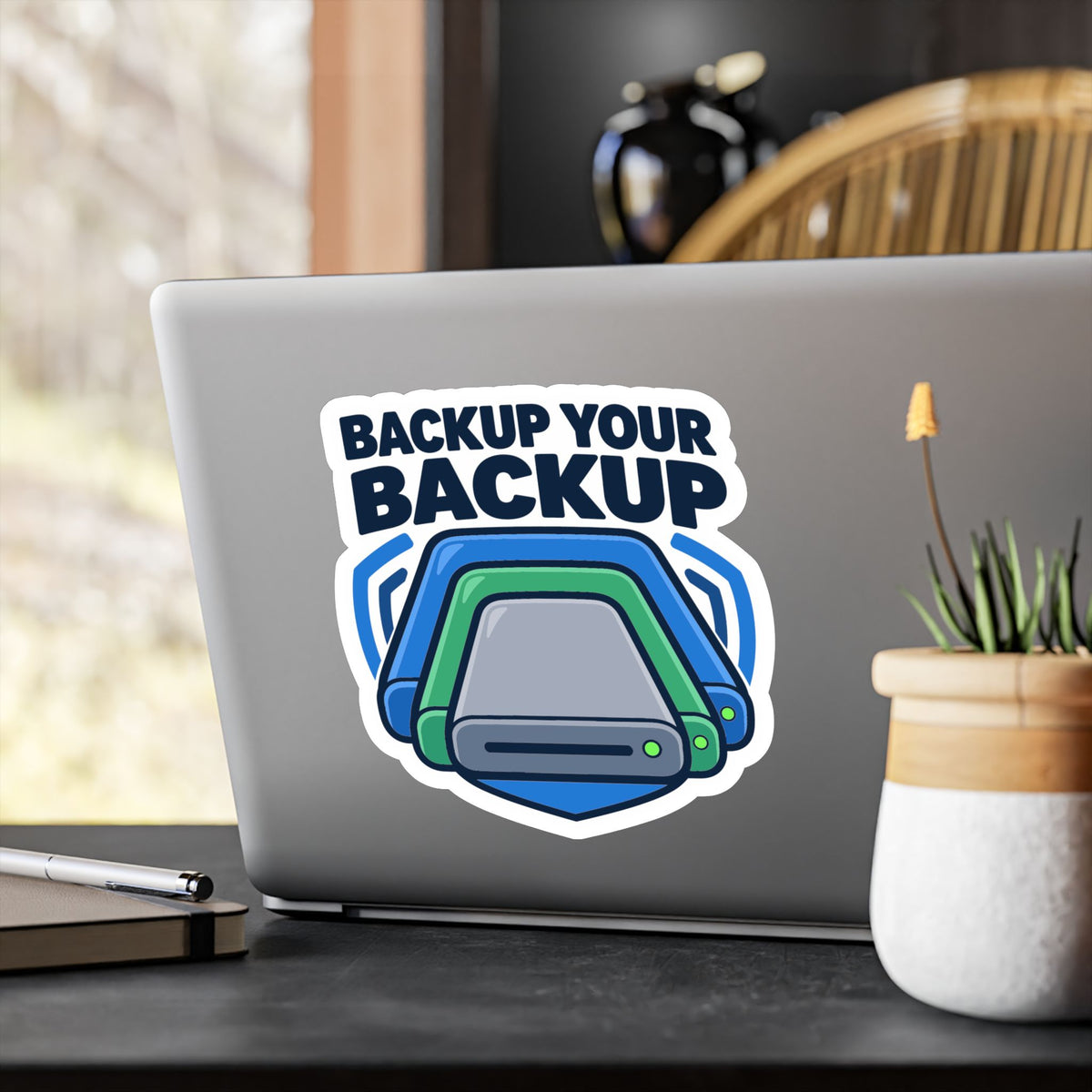 Tech Sticker – Backup Your Backup, Reboot Button and Bandage Design, Decals for Laptop and Water Bottle