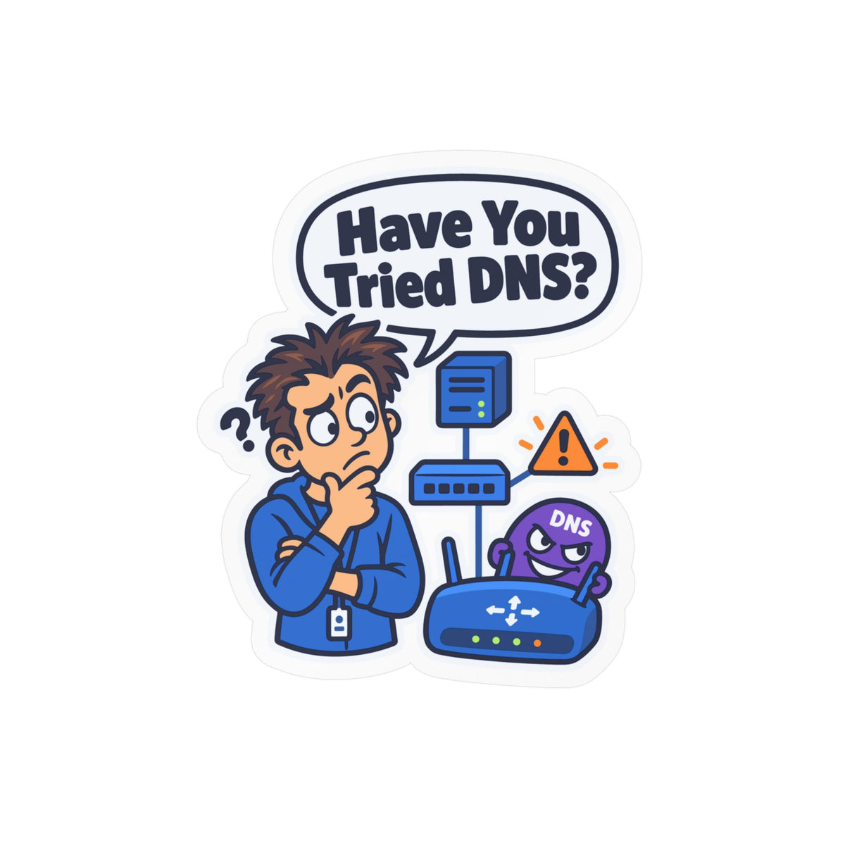 Tech Sticker "Have You Tried DNS" – Funny IT Decals with Reboot Button Humor, a Tech Bandage for Your Laptop