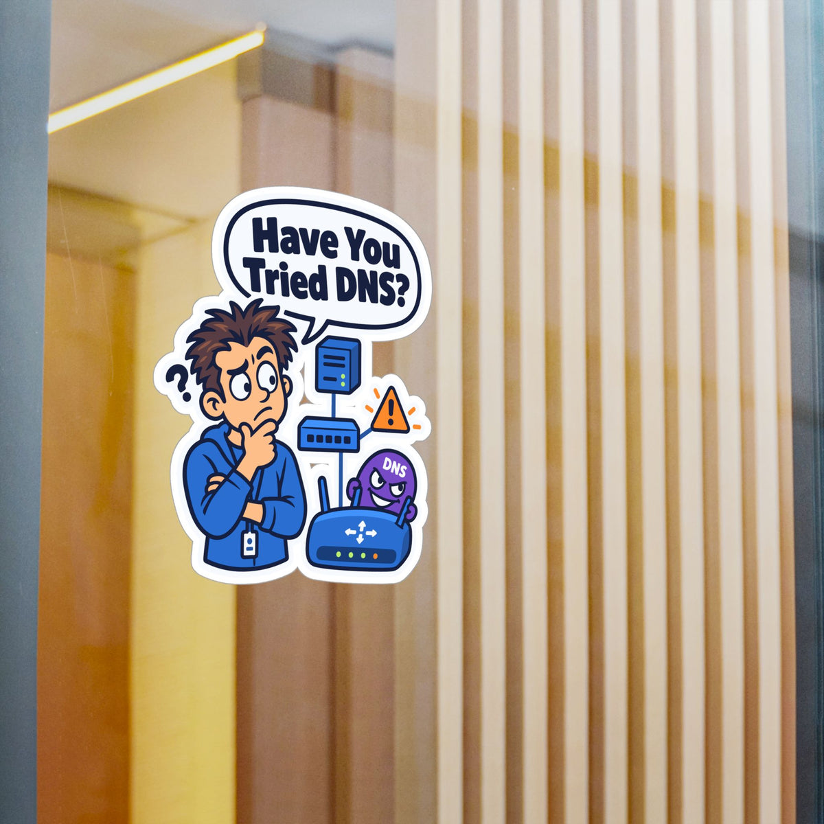 Tech Sticker "Have You Tried DNS" – Funny IT Decals with Reboot Button Humor, a Tech Bandage for Your Laptop