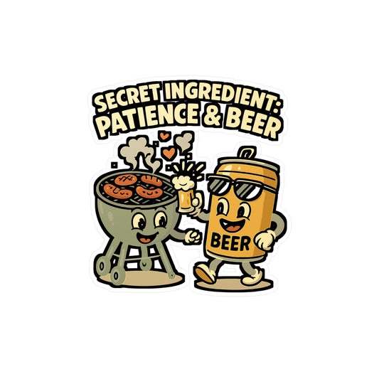 Cartoon Sticker - Secret Ingredient Patience Beer Decals, Smiling Grill Barbecue Design, Waterproof Vinyl for Laptop or Water Bottle