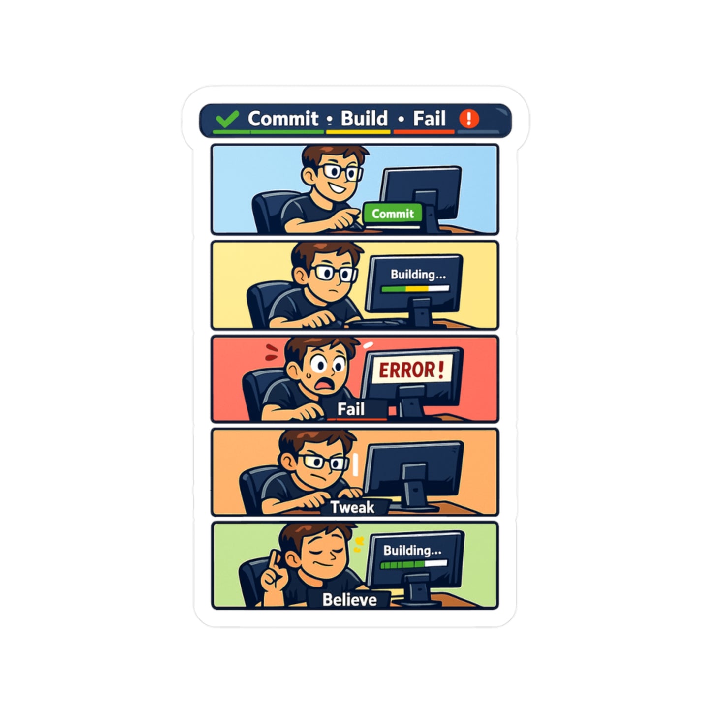 Coding Sticker Commit Build Fail Funny Programmer Design, Waterproof Vinyl sticker decals for Laptop or Water Bottle