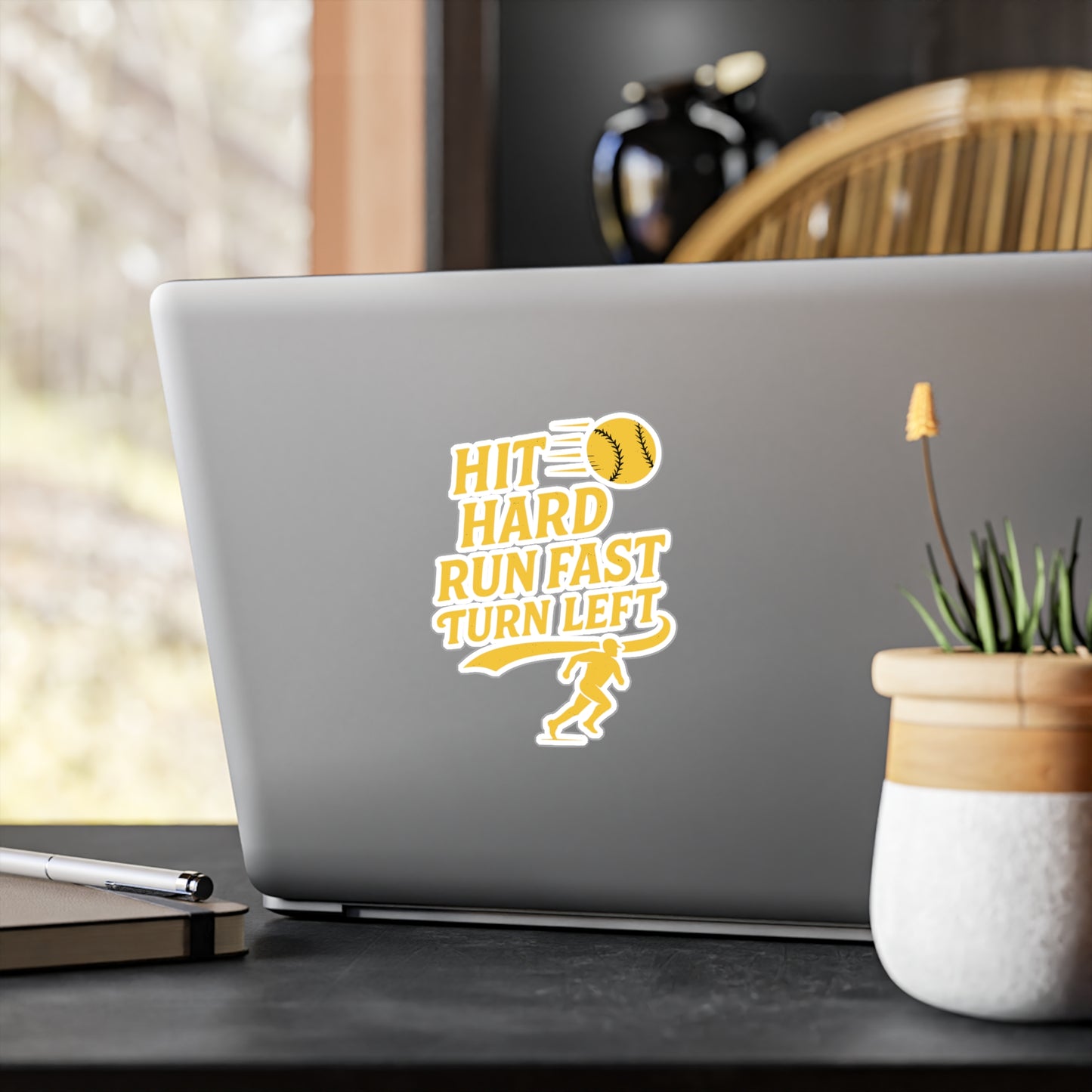 Baseball Sticker – "Hit Hard Run Fast Turn Left" Decals for Softball Fans, Waterproof Vinyl Swing Batter Laptop & Water Bottle Decor