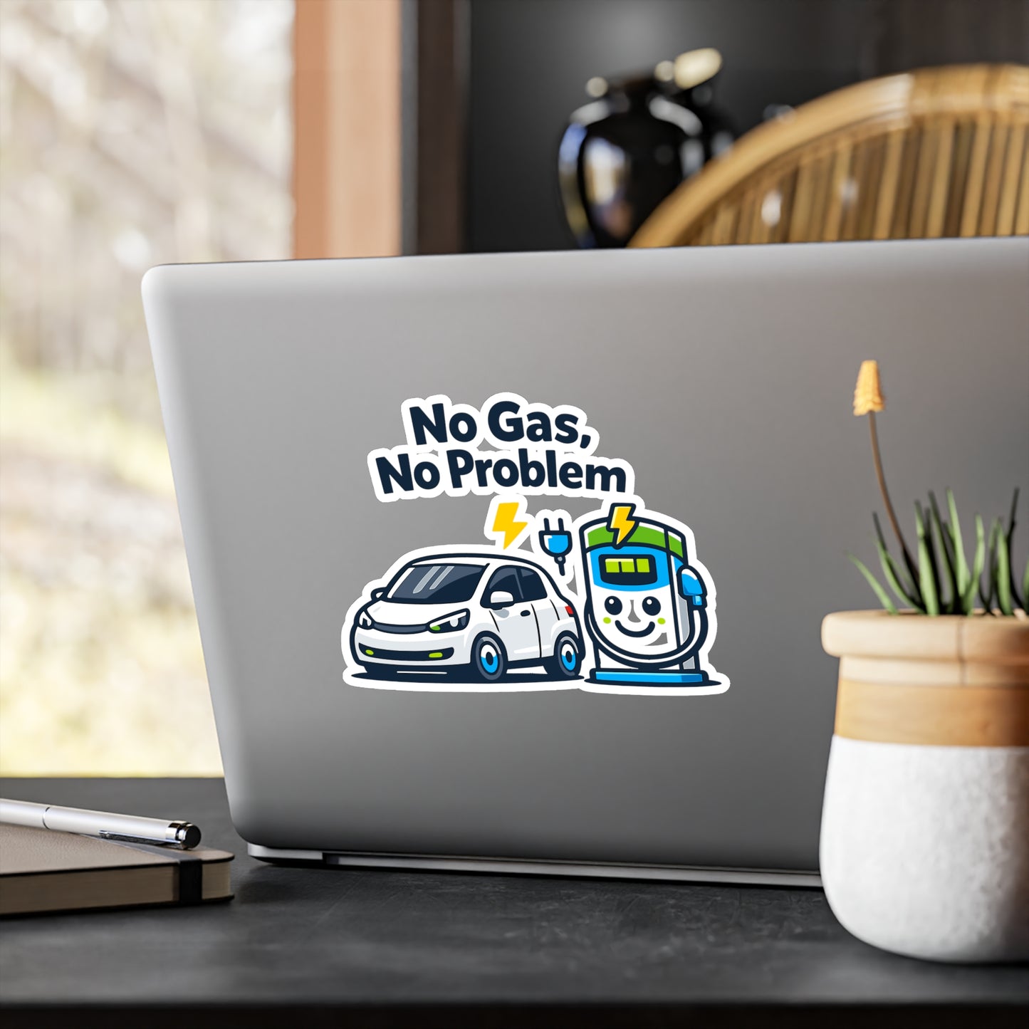 Electric Car Sticker No Gas, No Problem – Waterproof Vinyl decals for Laptop or Water Bottle, Rechargeable Battery Electric Vehicle Design