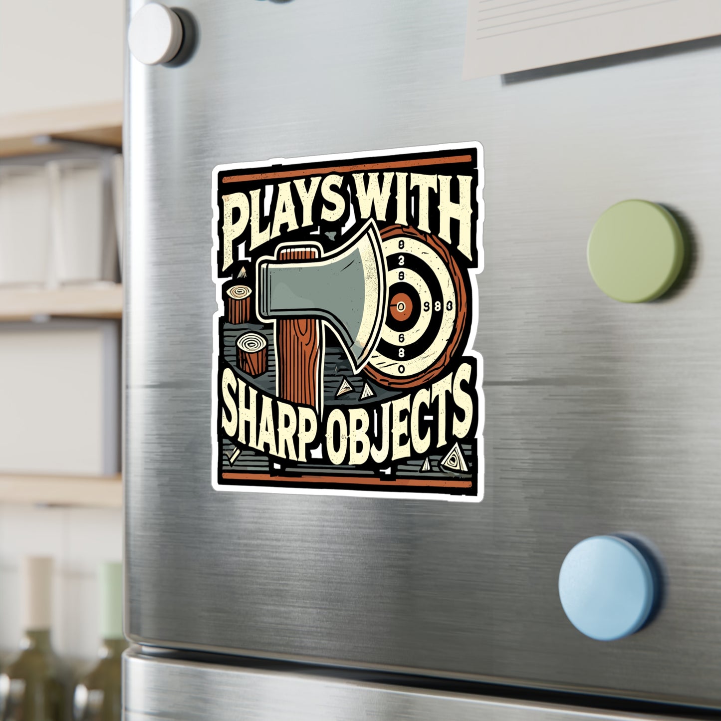 Plays With Sharp Objects - Axe throwing Sticker for Laptop Sticker. Water Bottle Sticker, Vinyl Adventure Decal - Axe throwing Gift