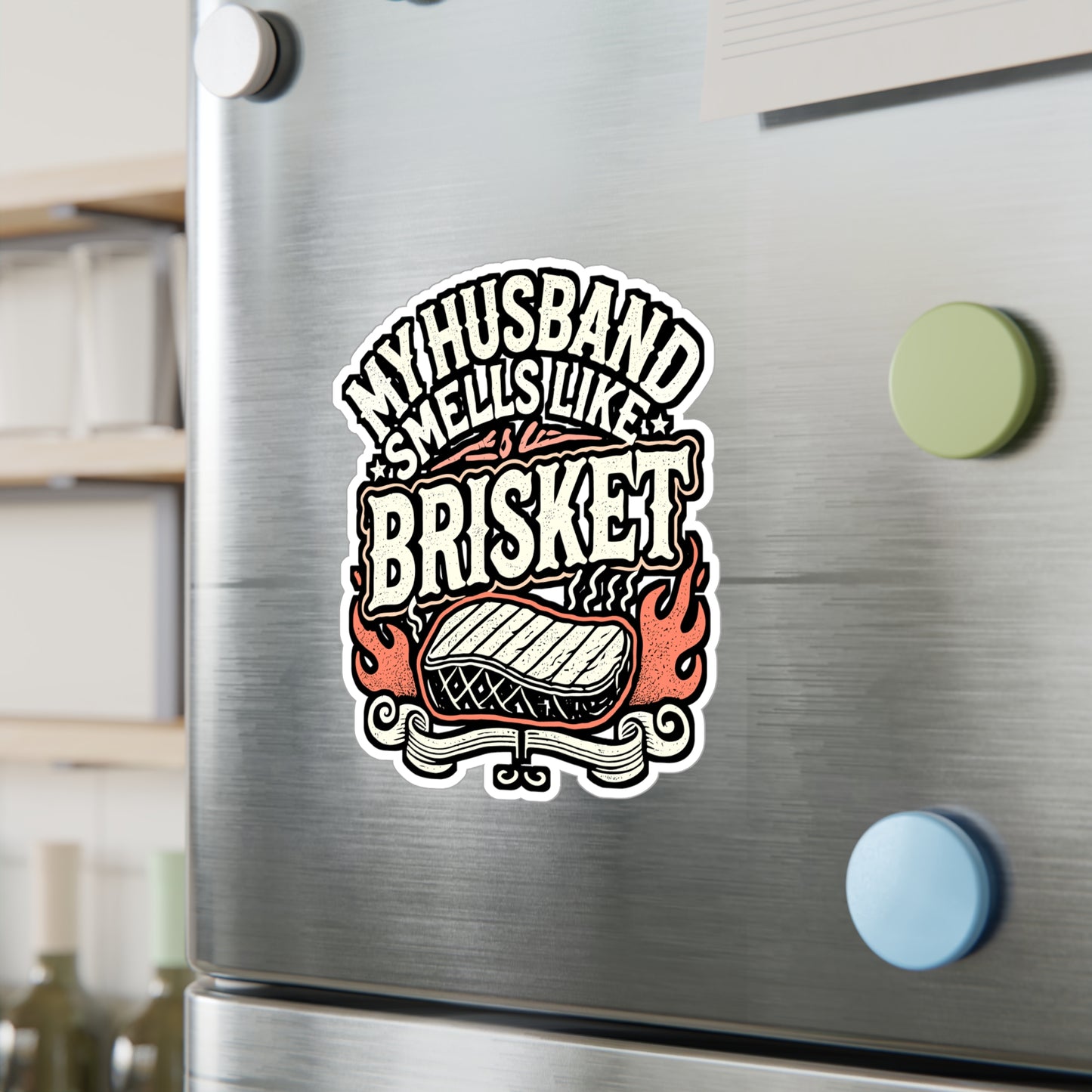 My Husband Smells Like Brisket – BBQ Vinyl Decal for Laptop or Water Bottle | Funny Smoker Gift for BBQ Lover