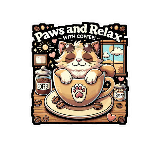 Paws and Relax with Coffee - Coffee Sticker for Laptop Sticker. Water Bottle Sticker, Vinyl Cat Decal - Coffee Gift