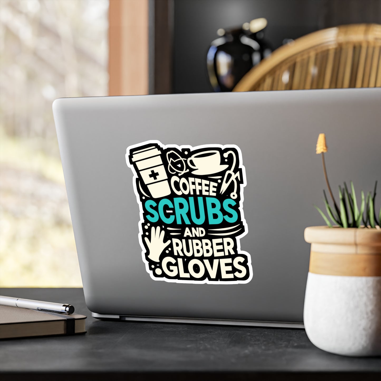 Coffee, scrubs, and rubber gloves - Nurse Sticker for Laptop Sticker. Water Bottle Sticker, Vinyl Nursing-student Decal - Nurse Gift