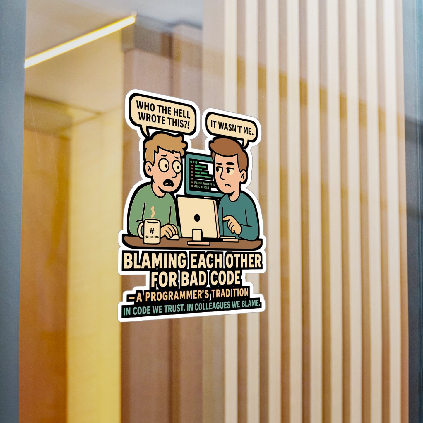 Programming Sticker "Blaming Each Other for Bad Code" – Funny Developer Decals for Laptop or Water Bottle, Vinyl, Great for Coders, Debugging