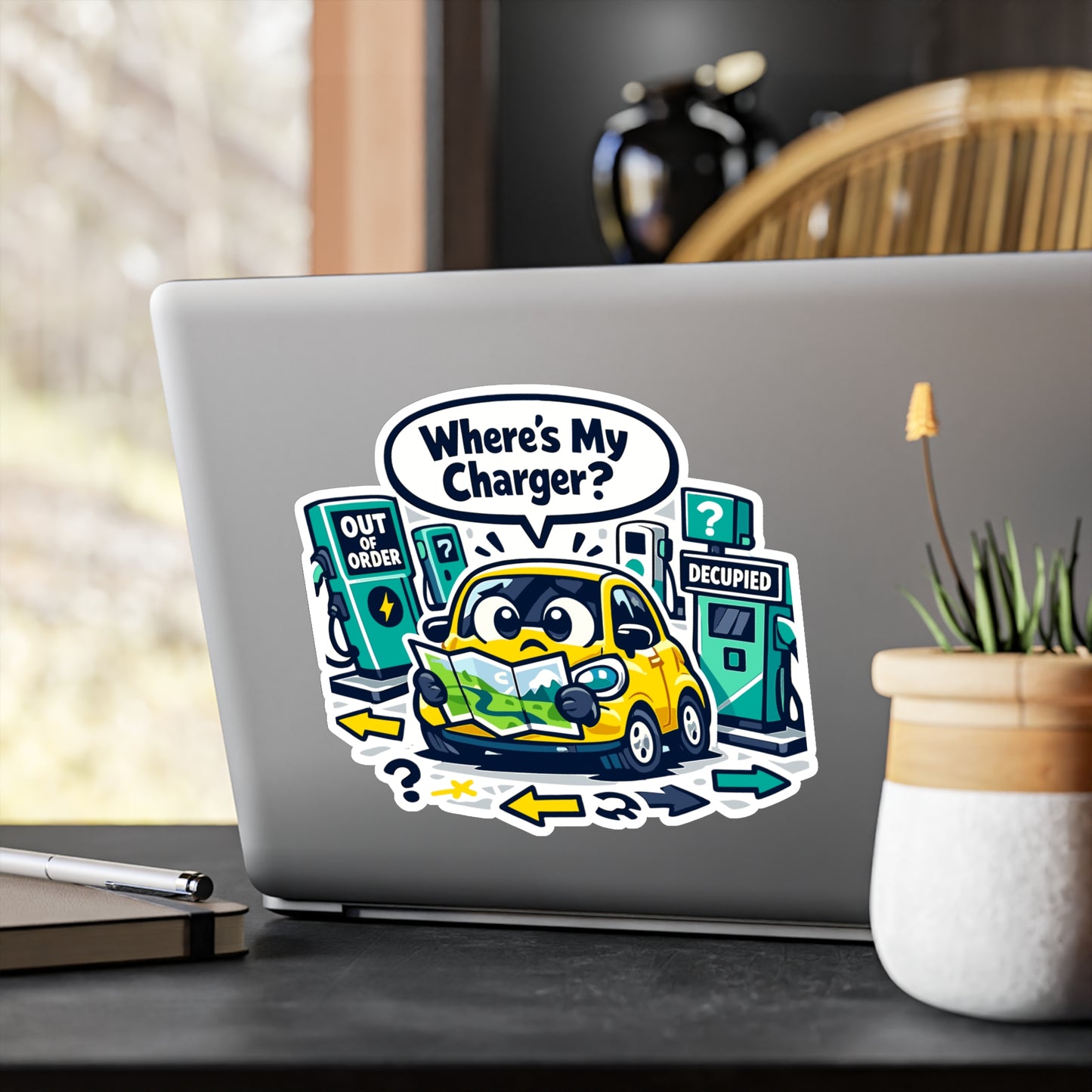 Electric Car Sticker Where’s My Charger? Funny Rechargeable Battery electric vehicle Vinyl decals for Laptop, Water Bottle Waterproof