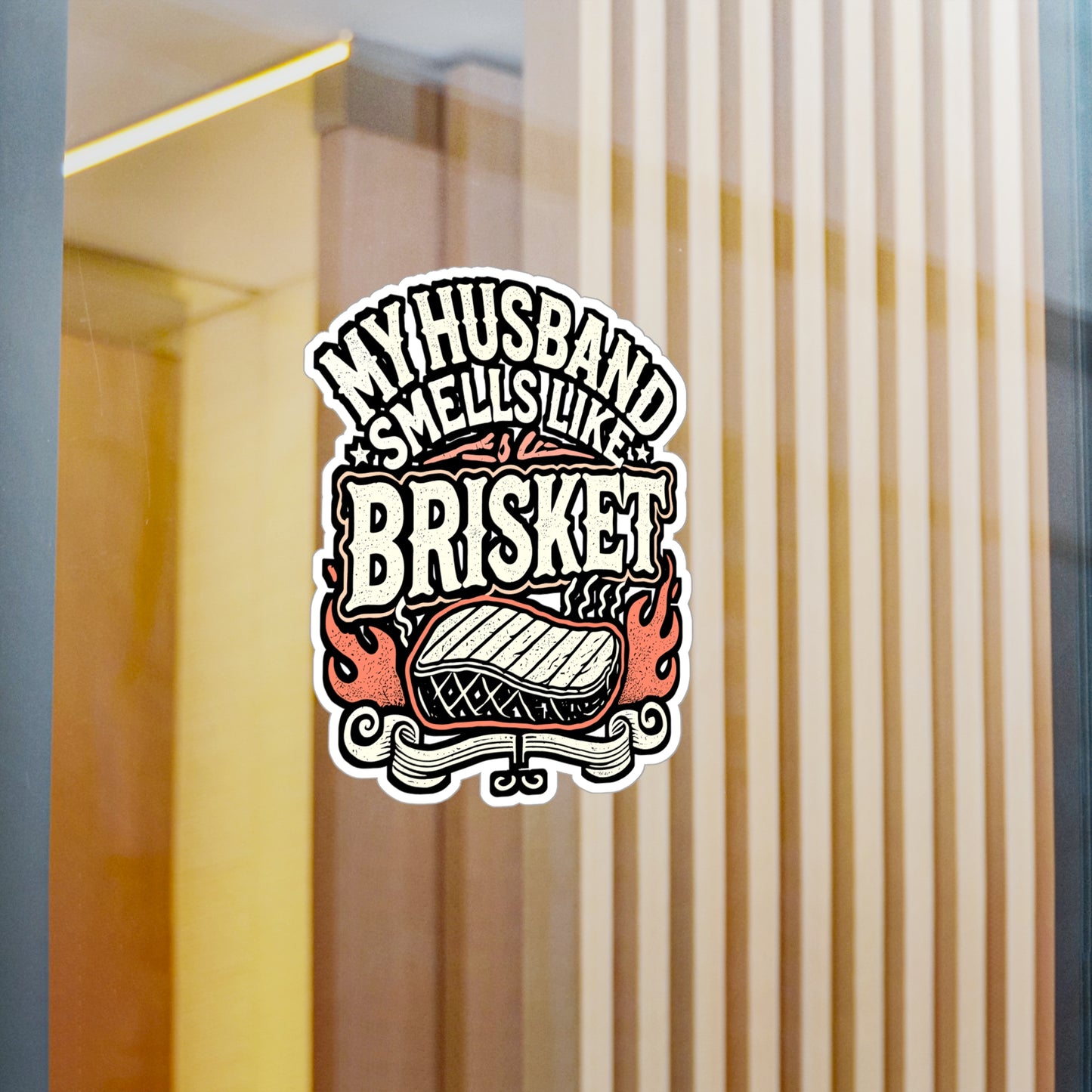 My Husband Smells Like Brisket – BBQ Vinyl Decal for Laptop or Water Bottle | Funny Smoker Gift for BBQ Lover