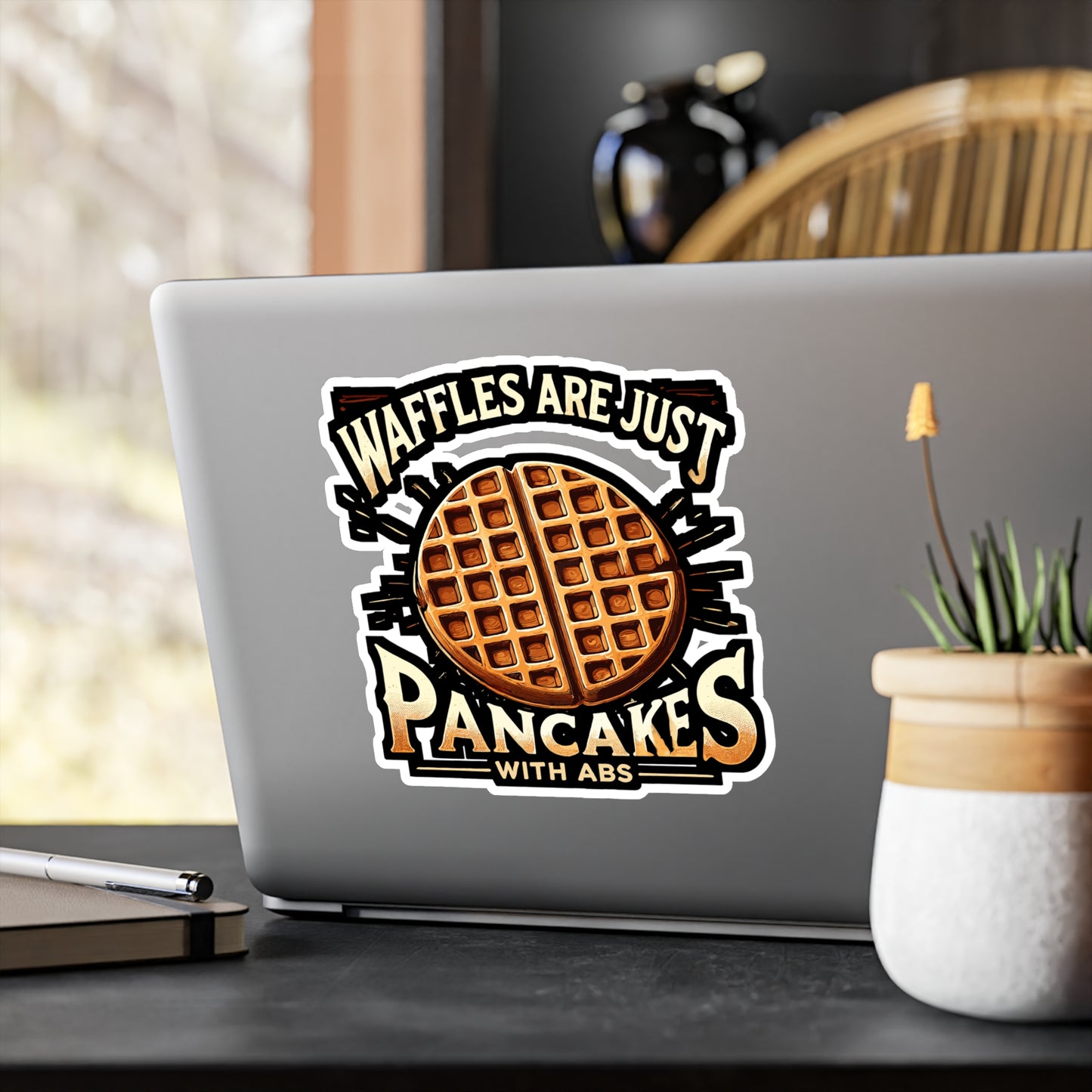 Waffles Are Just Pancakes With Abs - Waffle Sticker for Laptop Sticker. Water Bottle Sticker, Vinyl Pancake Decal - Waffle Gift