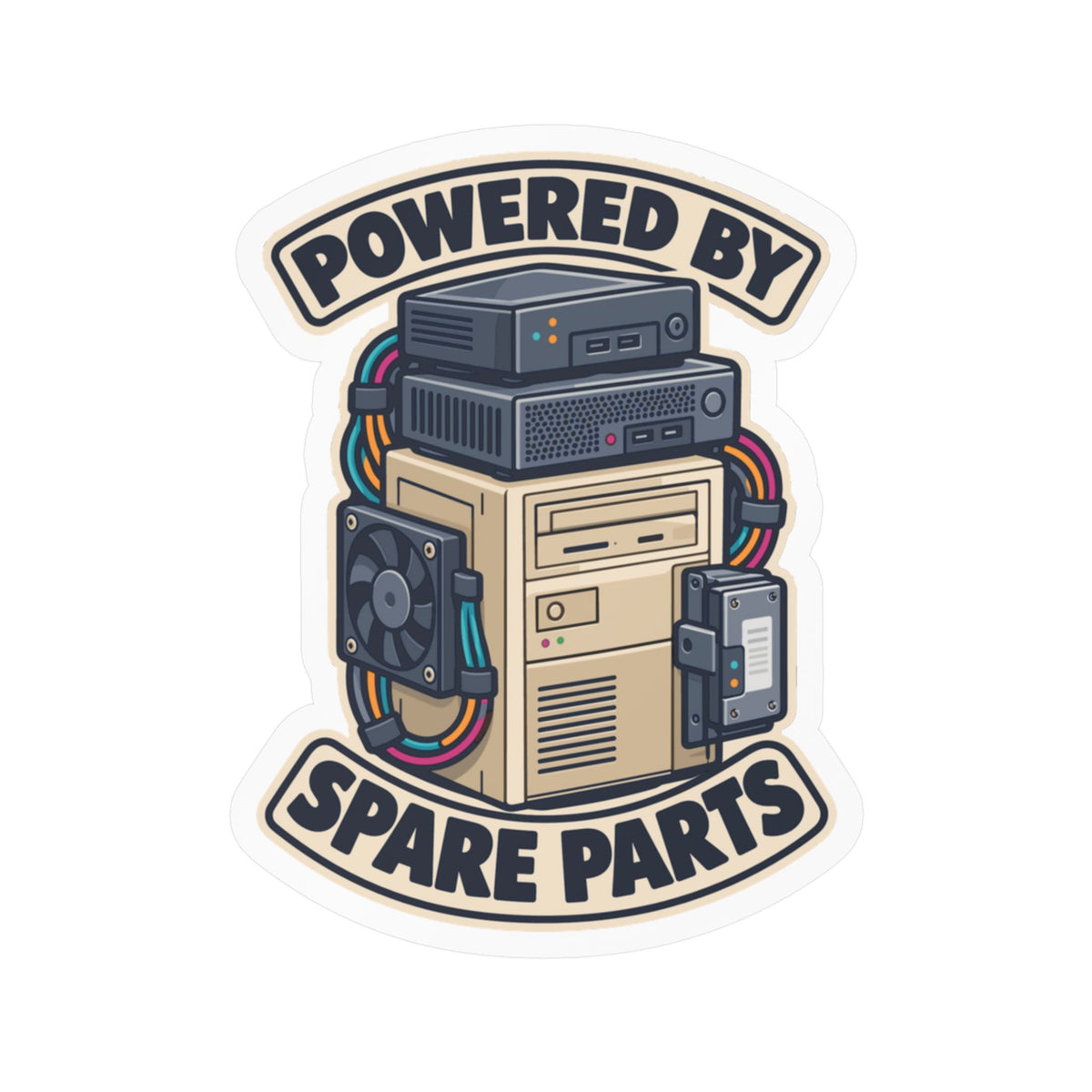 Tech Sticker Powered By Spare Parts – Reboot Button and Bandage Design Decals for Laptop or Water Bottle