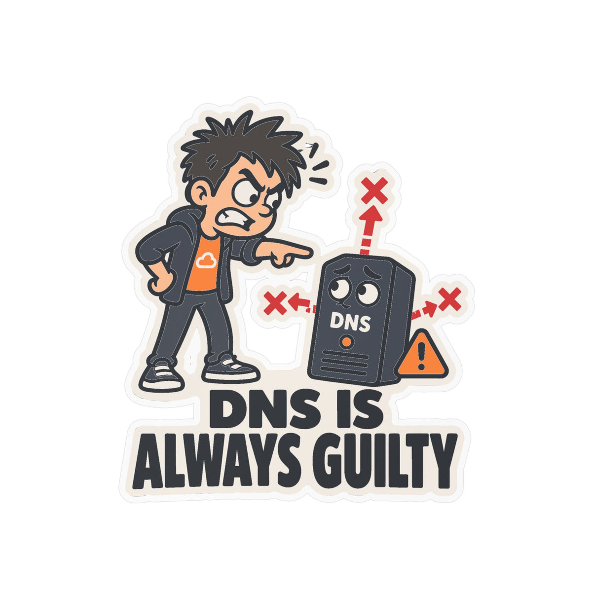 Frustrated Sticker - DNS Is Always Guilty, Cartoon Homelabber Pointing Accusingly, Funny Decals for Laptop and Water Bottle