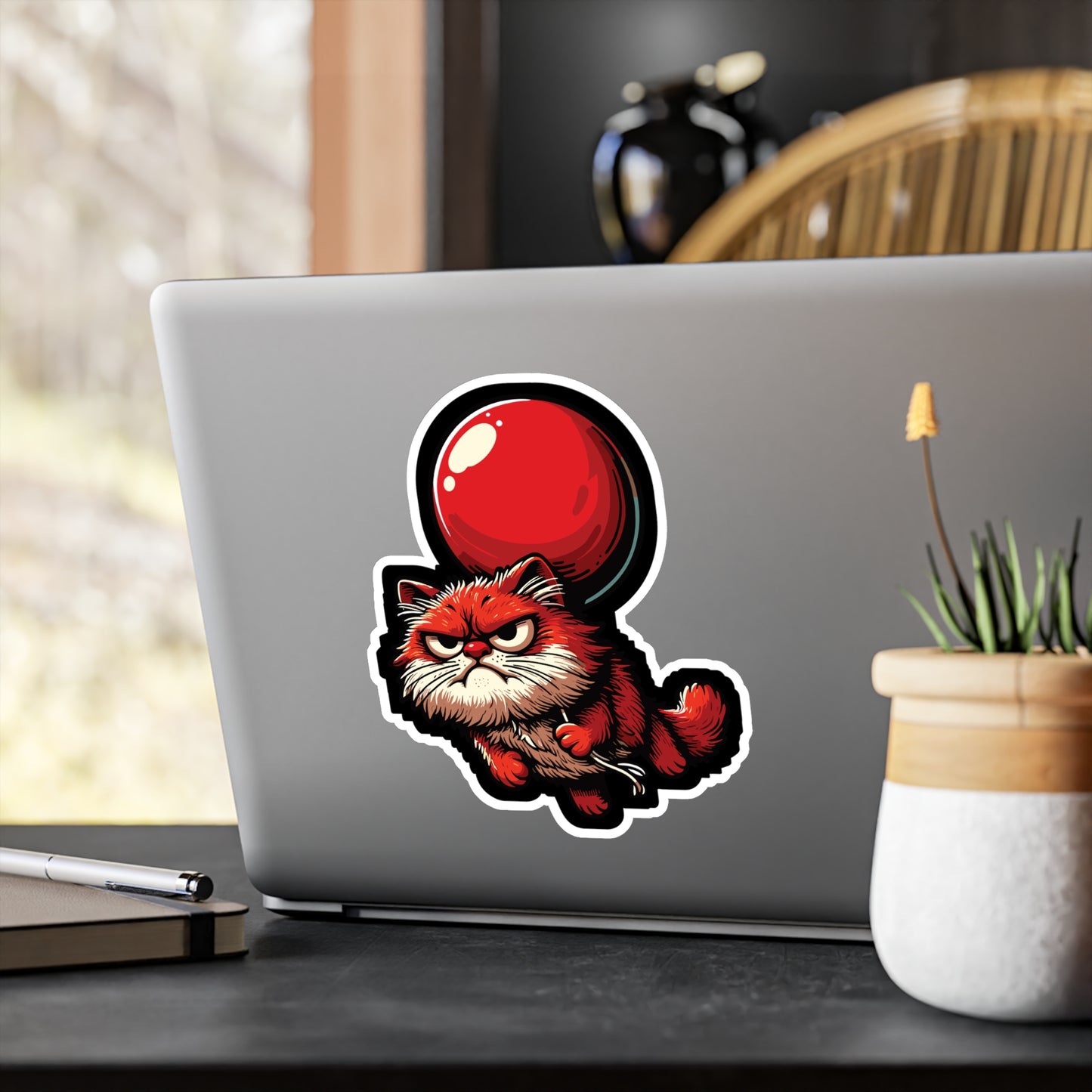 Cat with Balloon - Cat Sticker for Car Window Laptop Sticker. Water Bottle Sticker, Vinyl Balloon Decal, Floating Sticker - Cat Gift