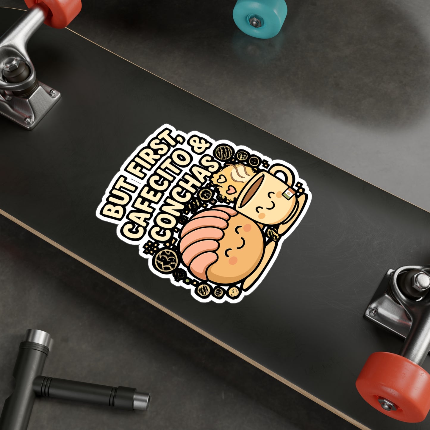 Concha Sticker Decals – "But First Cafecito & Conchas" Vinyl Waterproof Coffee Lover Design for Laptop, Water Bottle, Caffeine Gifts