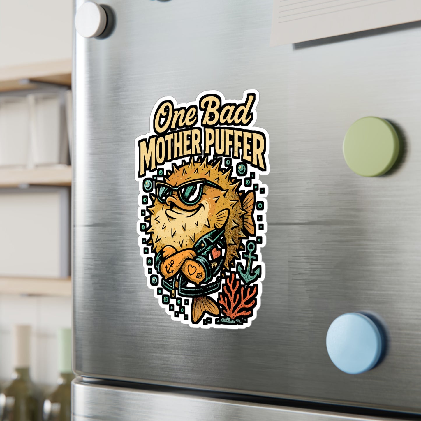 One Bad Mother Puffer – Funny Pufferfish Sticker for Laptop or Water Bottle | Vinyl Underwater Decal, Ocean Lover Gift