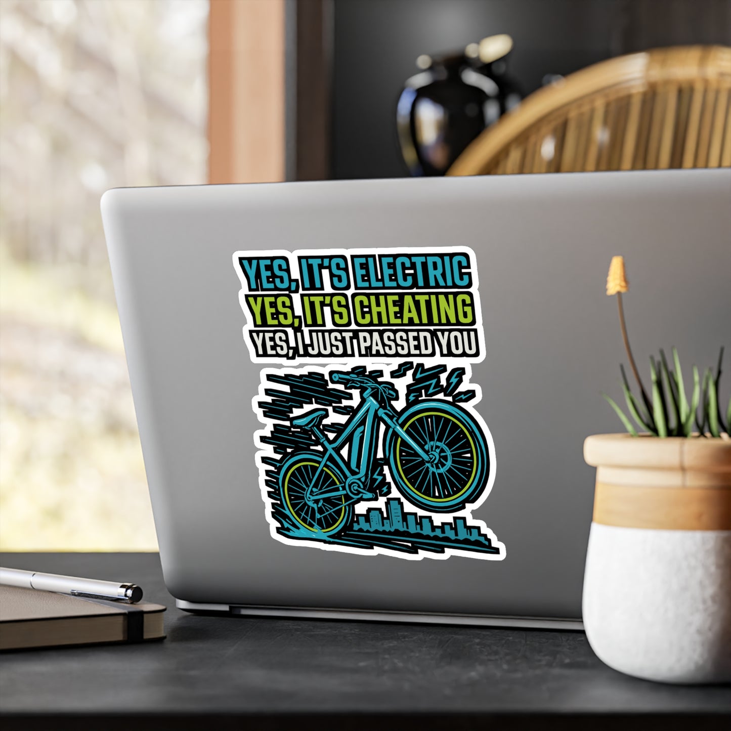 E Bike Sticker – "Yes It's Electric Yes It's Cheating Yes I Just Passed You" Funny Decals for Electric Bike, Ecycling, Waterproof Vinyl for Helmet or Water Bottle
