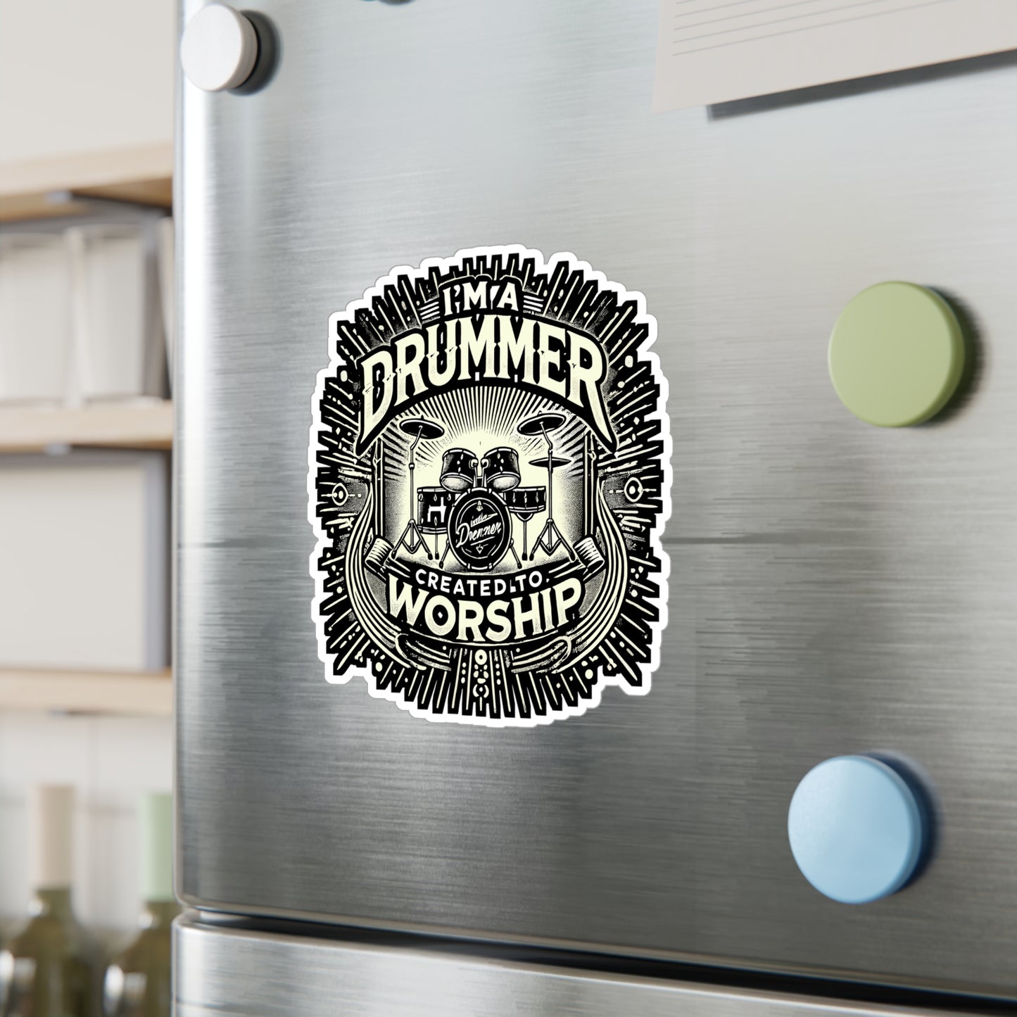 I'm A Drummer Created To Worship – Vinyl Sticker for Laptop, Water Bottle & Music Gear | Christian Drum Gift