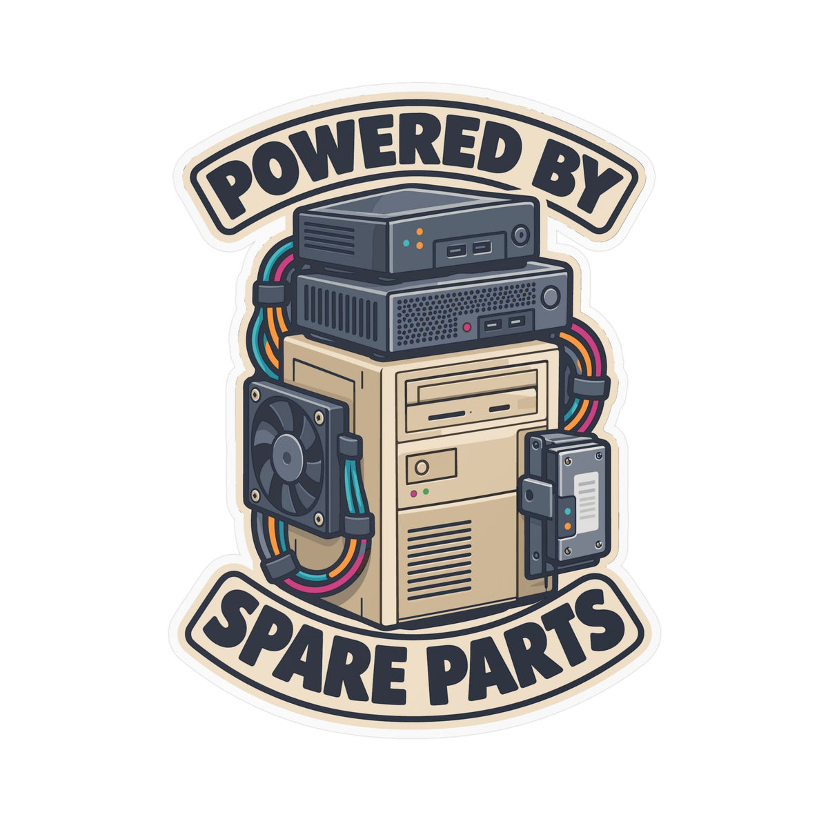 Tech Sticker Powered By Spare Parts – Reboot Button and Bandage Design Decals for Laptop or Water Bottle