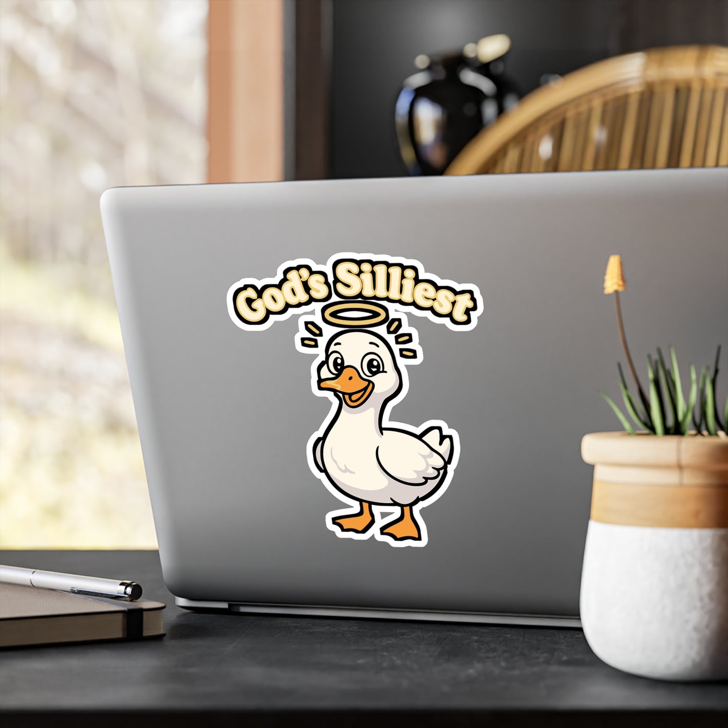 Goose Sticker – Gods Silliest Goose Quirky Angel with Daisies Decals for Laptop, Water Bottle, Waterproof Vinyl, Gift