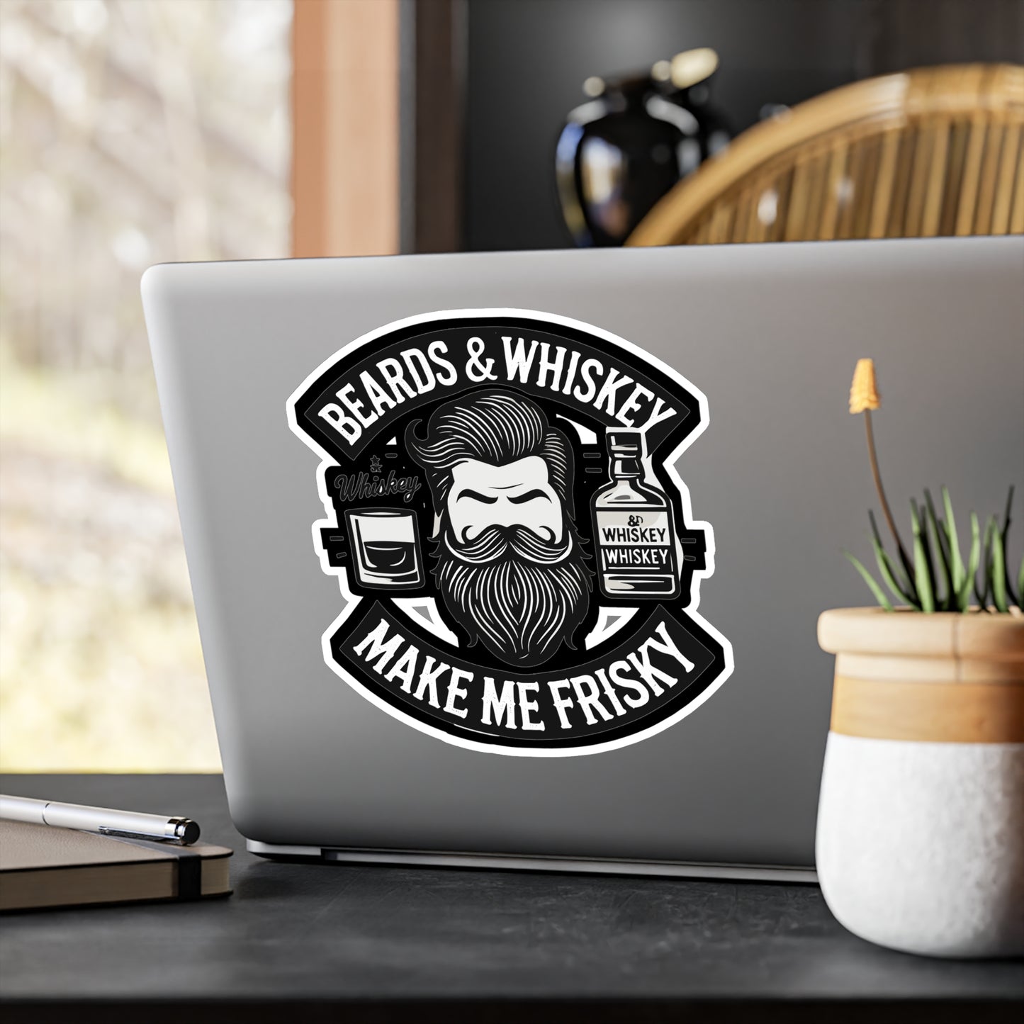 Beards and Whiskey Make Me Frisky - Beard Sticker for Laptop Sticker. Water Bottle Sticker, Vinyl Bearded Decal - Beard Gift