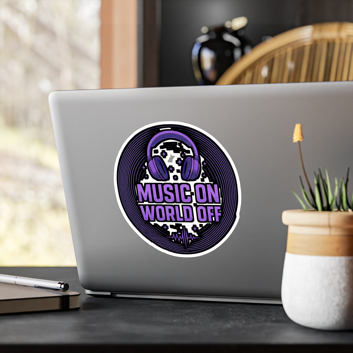 Music Sticker "Music On World Off" Decals – DJ Turntable Design, Waterproof Vinyl for Laptop, Water Bottle, Music Lovers Gift