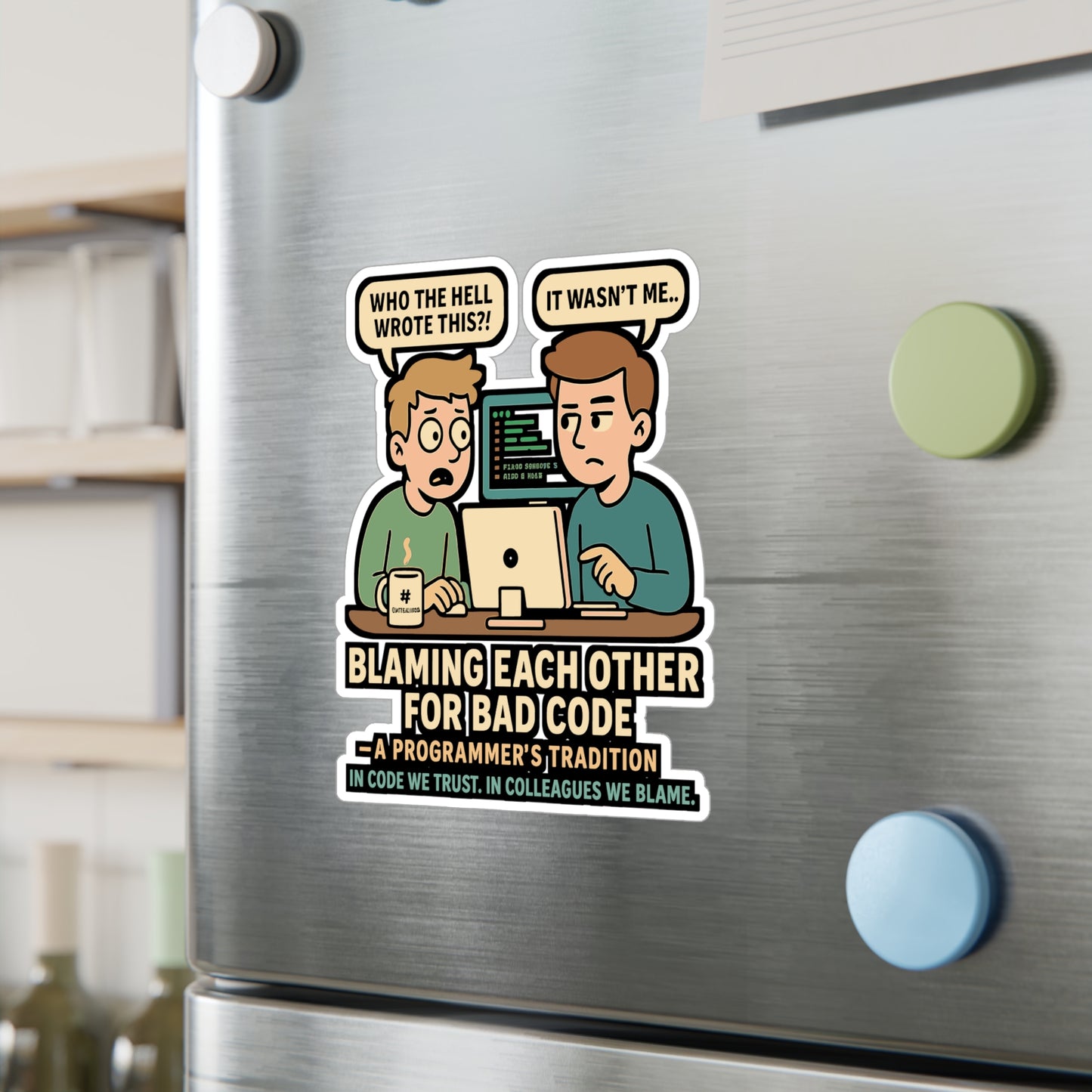 Programming Sticker "Blaming Each Other for Bad Code" – Funny Developer Decals for Laptop or Water Bottle, Vinyl, Great for Coders, Debugging