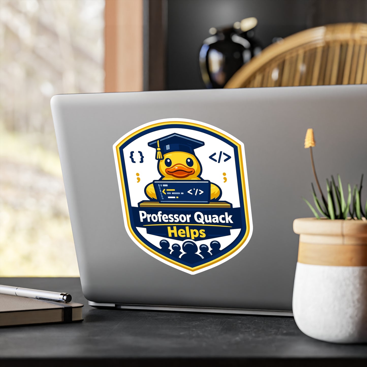 Coding Sticker Professor Quack Helps – Waterproof Vinyl Decals for Laptop, Water Bottle, Funny Programmer Source Code Semicolon Design