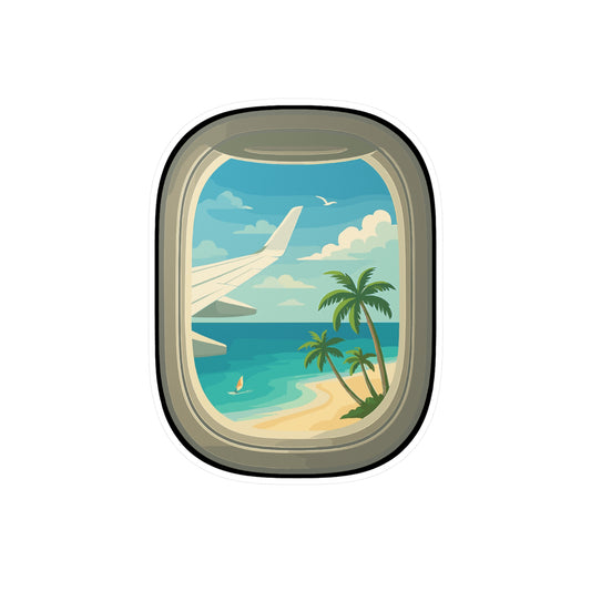Airplane Sticker – Sunny Beach View From Airplane Window Decals, Tropical Vinyl, Waterproof for Laptop, Water Bottle, Travel Decor